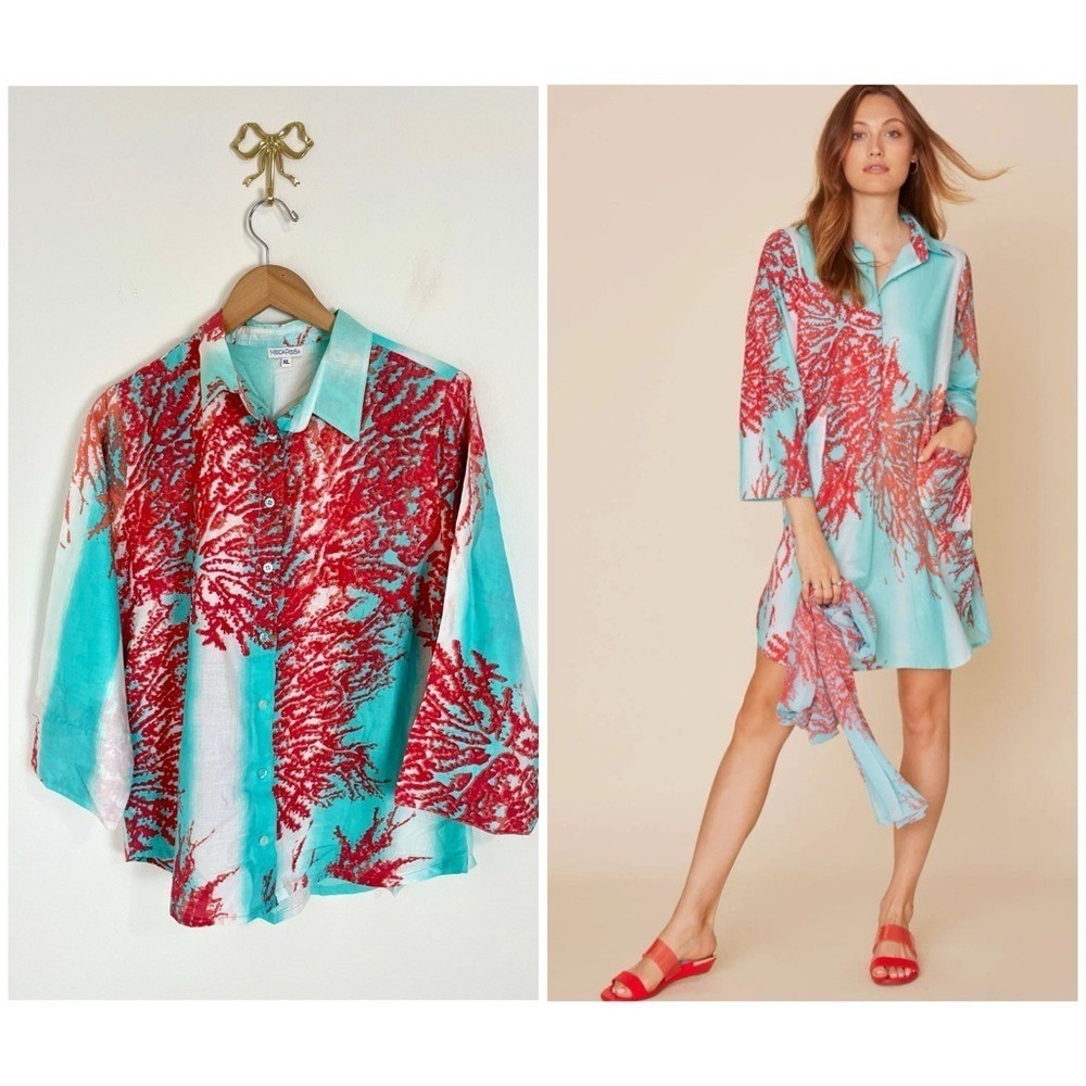 Modaposa Red Coral Print Cotton Button Down Shirt Turquoise XL Coastal Vacation